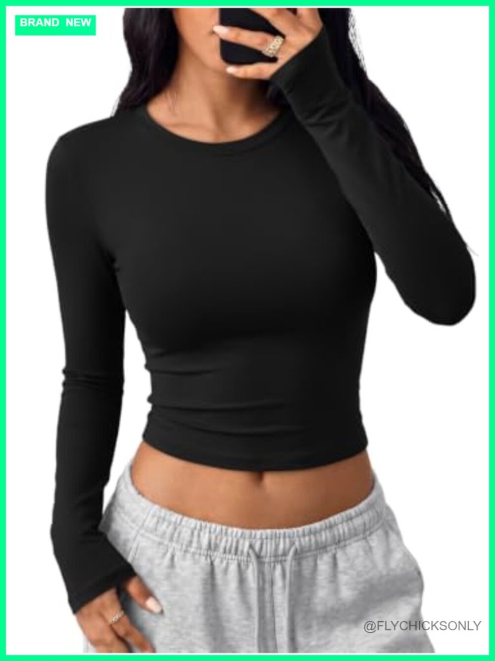 Womens Long Sleeve Crop Top Slim Fit Stretch Crew Neck Pullover